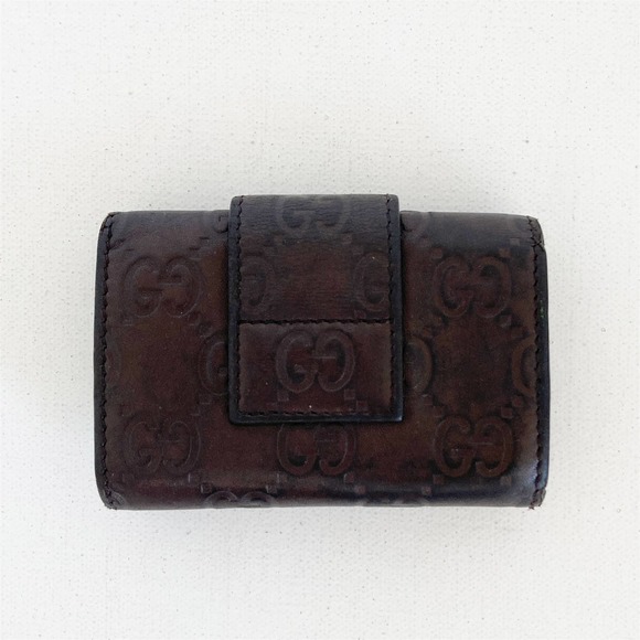 🤎🧨GUCCI Key Ring Case Brown Embossed Leather Micro Guccissima Gold Heart - Picture 2 of 11